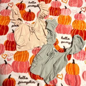 RSQ x Tillys (M) 2-piece Green & Cream Cropped Tank Tops w Ruffled Straps